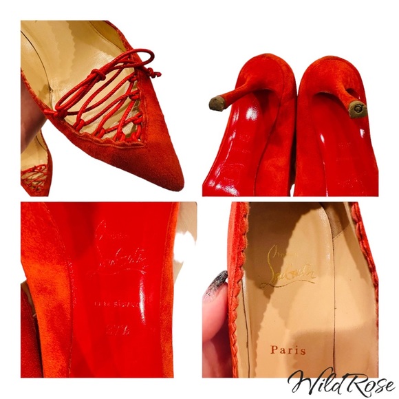 CHRISTIAN LOUBOUTIN “SCALOPUMP” 85 RED SUEDE SCALLOP TRIM LACE UP TIE HEELS 37.5 - Picture 14 of 17